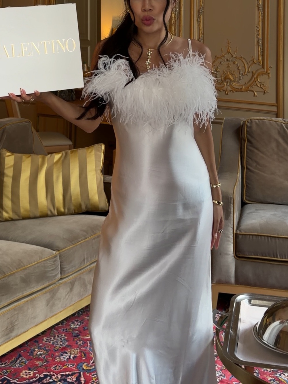 Sleeper bridal silk slip dress sleep night gown white feather trim maxi S *